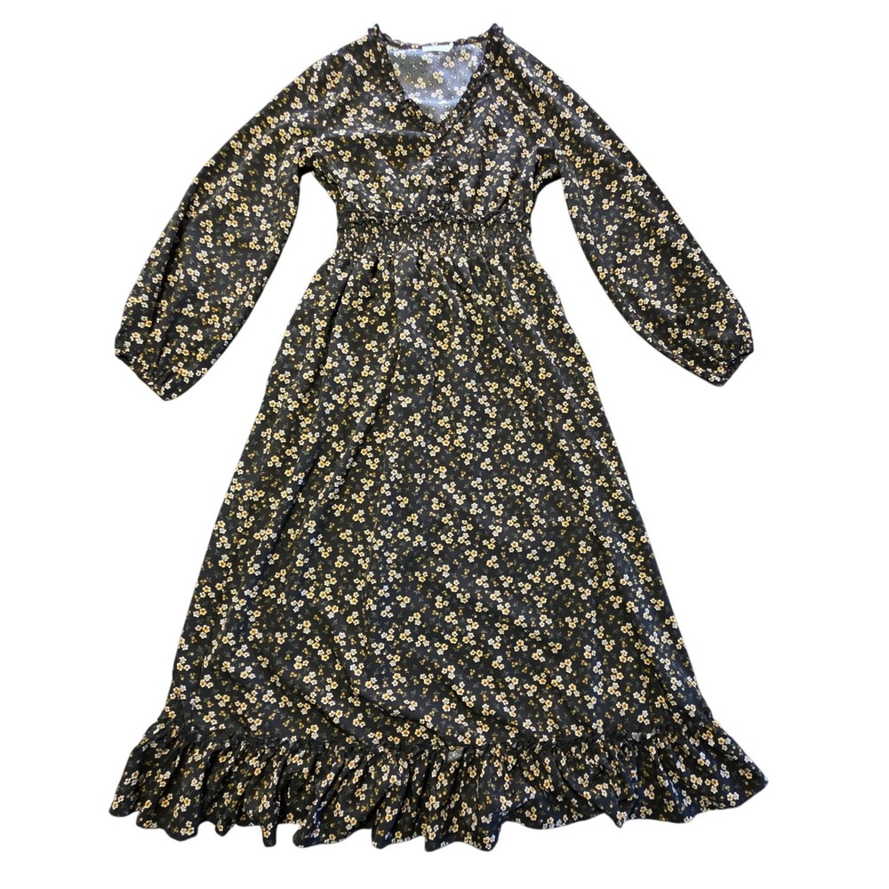 Floral Maxi Dress Smocked Waist Ruffle Hem Size S Black Boho Prairie Cottagecore